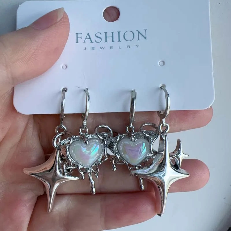 2025 New Fashion Silver Color Star Cross Pendant Earrings for Women Simple White Opal Heart Shaped Earrings Y2K Jewelry Gifts