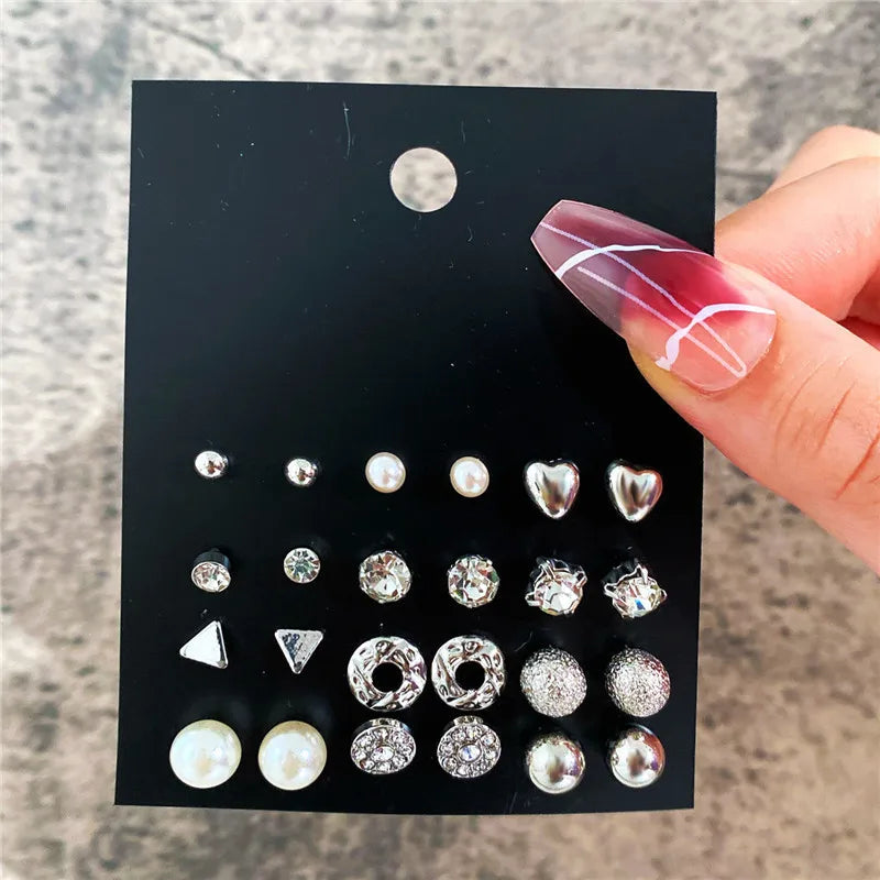 Korean Women Earrings 12 Pair/Set Beige White Pearl Simple Fashion Earrings Wedding Jewelry For Gift Valentine's Day gift