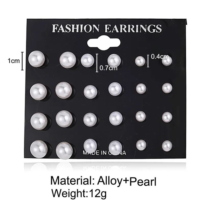Korean Women Earrings 12 Pair/Set Beige White Pearl Simple Fashion Earrings Wedding Jewelry For Gift Valentine's Day gift