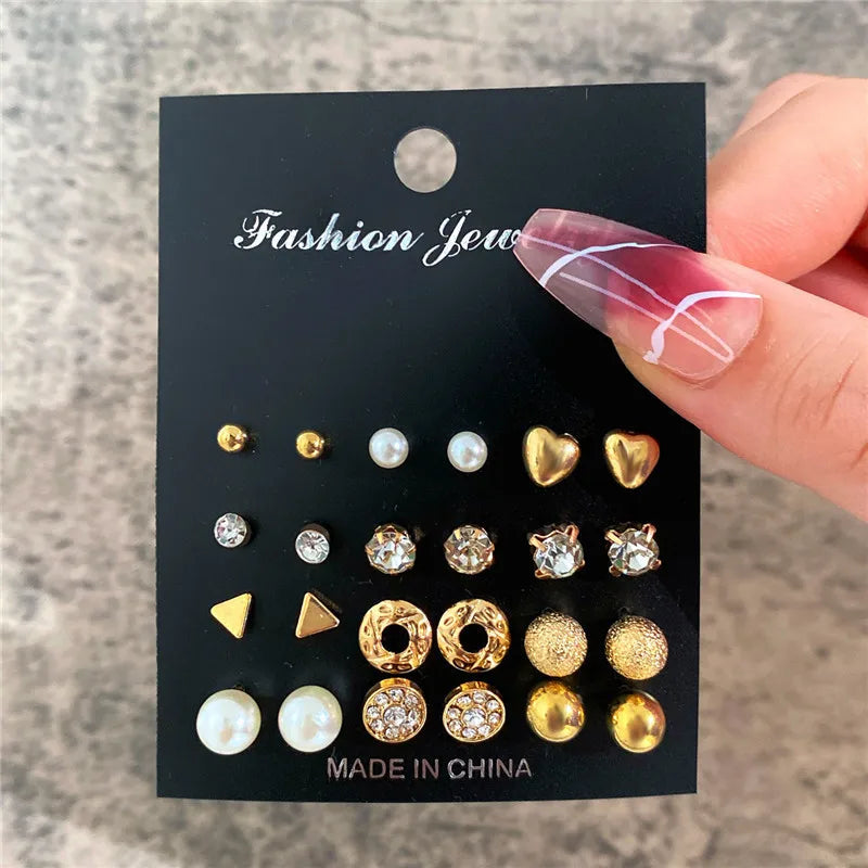 Korean Women Earrings 12 Pair/Set Beige White Pearl Simple Fashion Earrings Wedding Jewelry For Gift Valentine's Day gift
