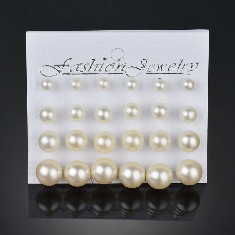 Korean Women Earrings 12 Pair/Set Beige White Pearl Simple Fashion Earrings Wedding Jewelry For Gift Valentine's Day gift