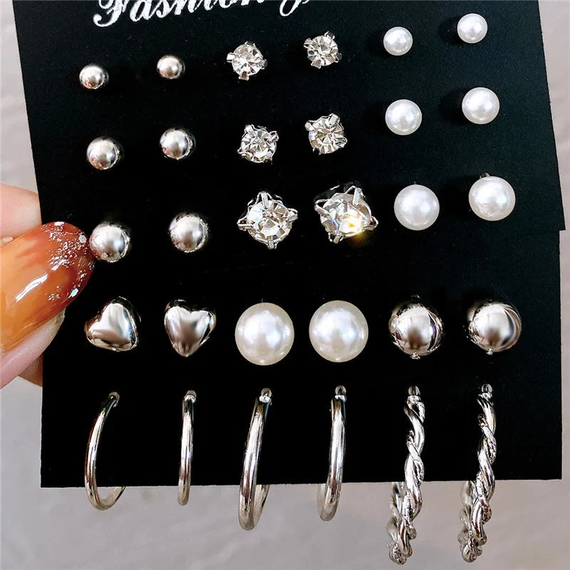 Korean Women Earrings 12 Pair/Set Beige White Pearl Simple Fashion Earrings Wedding Jewelry For Gift Valentine's Day gift