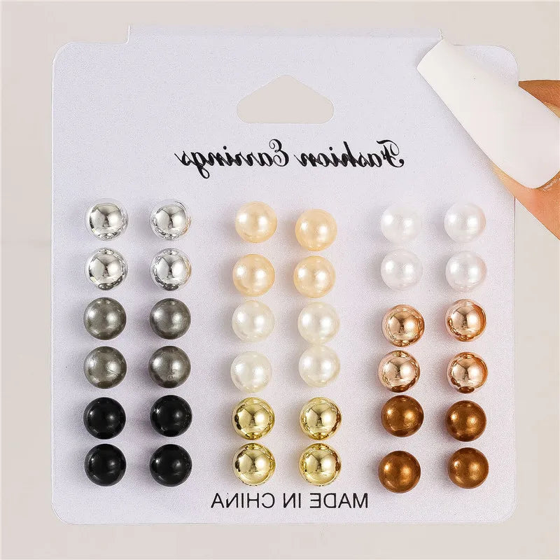 Korean Women Earrings 12 Pair/Set Beige White Pearl Simple Fashion Earrings Wedding Jewelry For Gift Valentine's Day gift