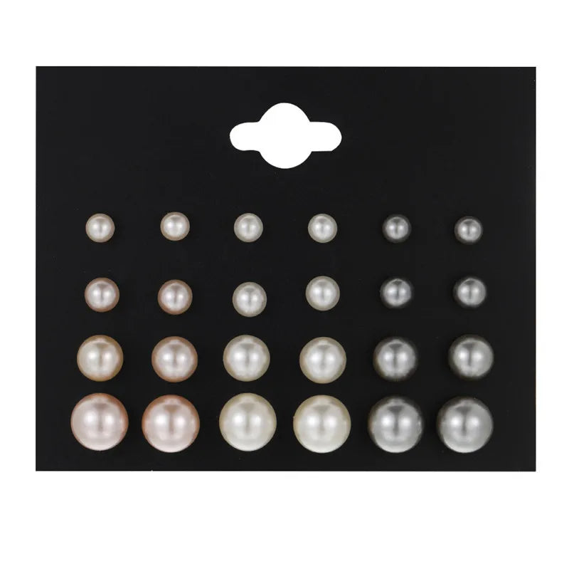 Korean Women Earrings 12 Pair/Set Beige White Pearl Simple Fashion Earrings Wedding Jewelry For Gift Valentine's Day gift
