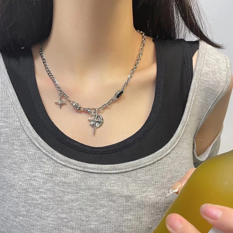 JWER New Y2K Cuban Figaro Chain Star Moon Pendant Necklace Men Punk Black Zircon Chain Choker Necklace For Men Jewelry Gifts