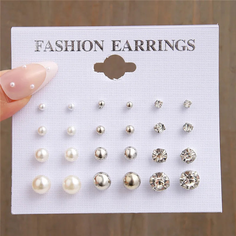 Korean Women Earrings 12 Pair/Set Beige White Pearl Simple Fashion Earrings Wedding Jewelry For Gift Valentine's Day gift