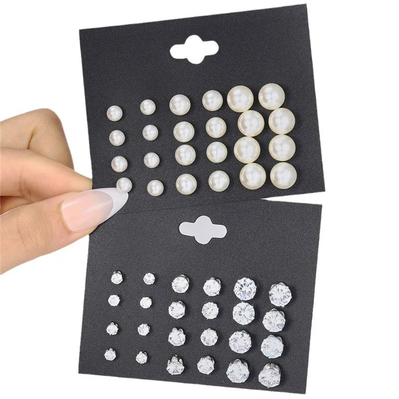 Korean Women Earrings 12 Pair/Set Beige White Pearl Simple Fashion Earrings Wedding Jewelry For Gift Valentine's Day gift