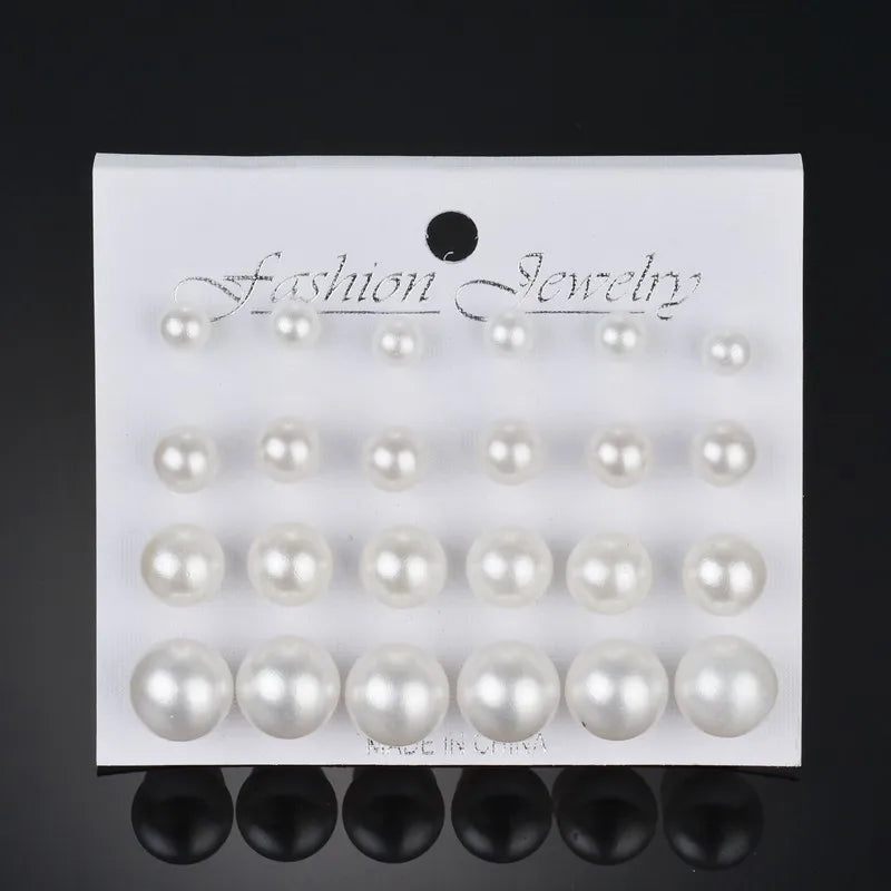 Korean Women Earrings 12 Pair/Set Beige White Pearl Simple Fashion Earrings Wedding Jewelry For Gift Valentine's Day gift