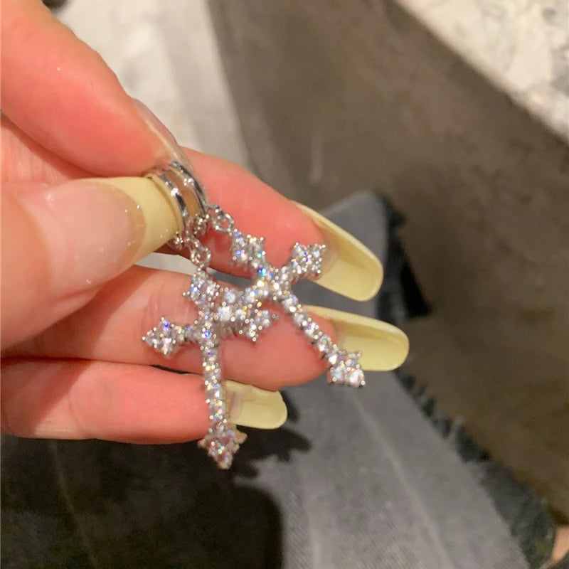 2025 New Fashion Silver Color Star Cross Pendant Earrings for Women Simple White Opal Heart Shaped Earrings Y2K Jewelry Gifts
