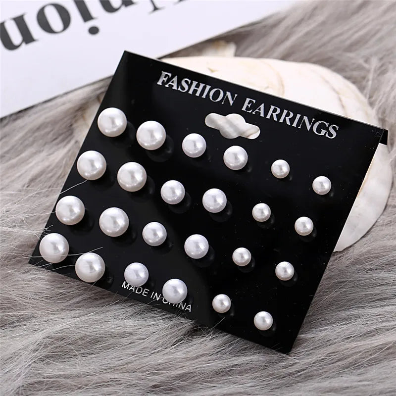 Korean Women Earrings 12 Pair/Set Beige White Pearl Simple Fashion Earrings Wedding Jewelry For Gift Valentine's Day gift
