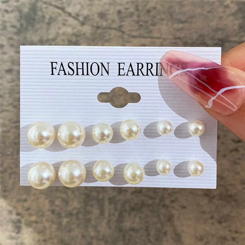 Korean Women Earrings 12 Pair/Set Beige White Pearl Simple Fashion Earrings Wedding Jewelry For Gift Valentine's Day gift