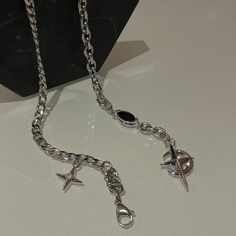 JWER New Y2K Cuban Figaro Chain Star Moon Pendant Necklace Men Punk Black Zircon Chain Choker Necklace For Men Jewelry Gifts