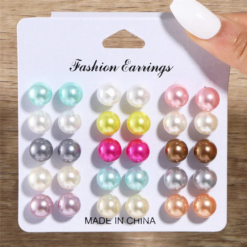 Korean Women Earrings 12 Pair/Set Beige White Pearl Simple Fashion Earrings Wedding Jewelry For Gift Valentine's Day gift