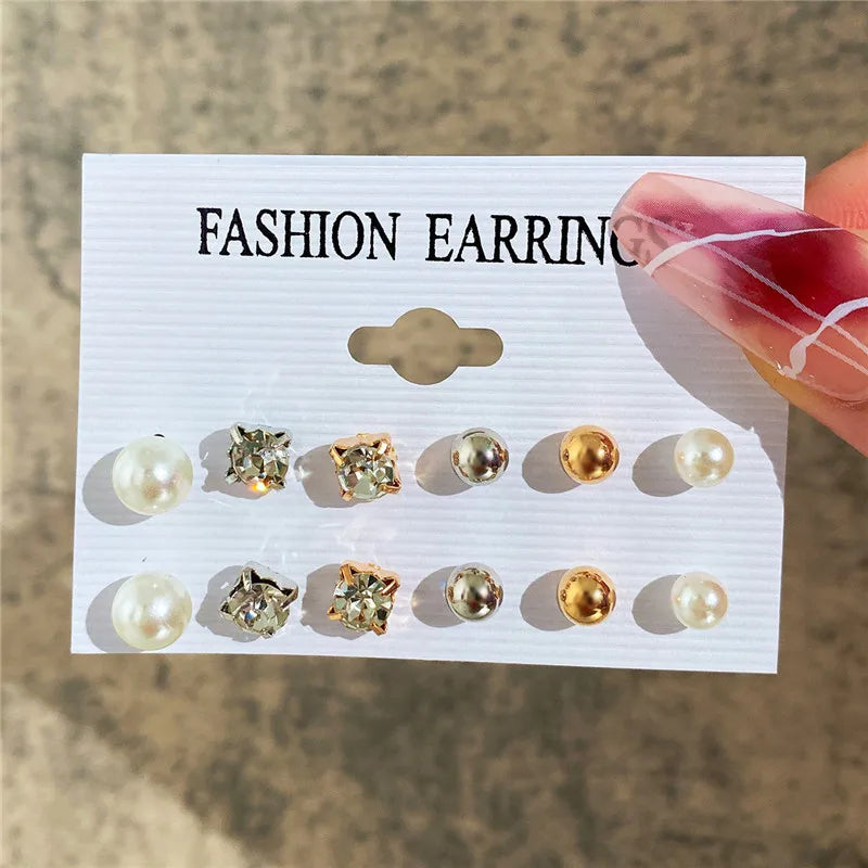 Korean Women Earrings 12 Pair/Set Beige White Pearl Simple Fashion Earrings Wedding Jewelry For Gift Valentine's Day gift