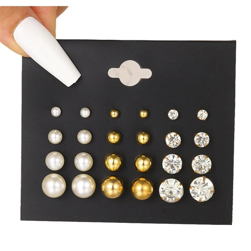Korean Women Earrings 12 Pair/Set Beige White Pearl Simple Fashion Earrings Wedding Jewelry For Gift Valentine's Day gift