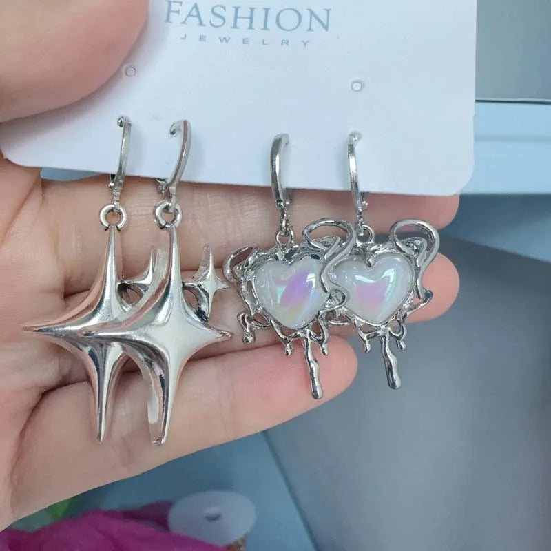 2025 New Fashion Silver Color Star Cross Pendant Earrings for Women Simple White Opal Heart Shaped Earrings Y2K Jewelry Gifts