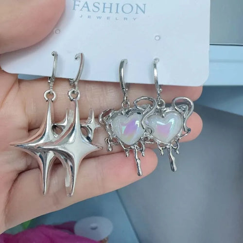 2025 New Fashion Silver Color Star Cross Pendant Earrings for Women Simple White Opal Heart Shaped Earrings Y2K Jewelry Gifts
