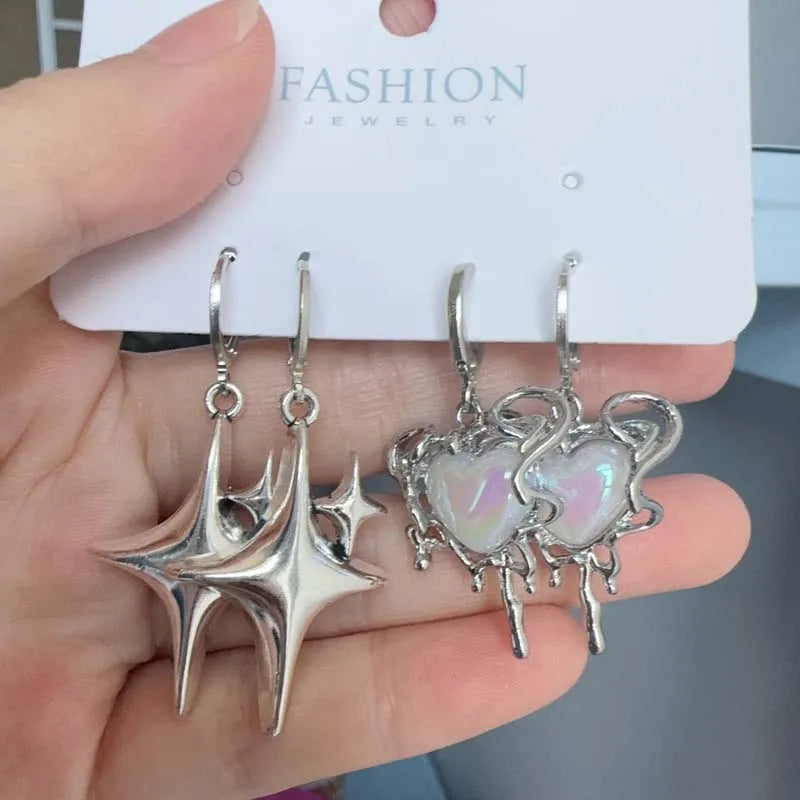 2025 New Fashion Silver Color Star Cross Pendant Earrings for Women Simple White Opal Heart Shaped Earrings Y2K Jewelry Gifts