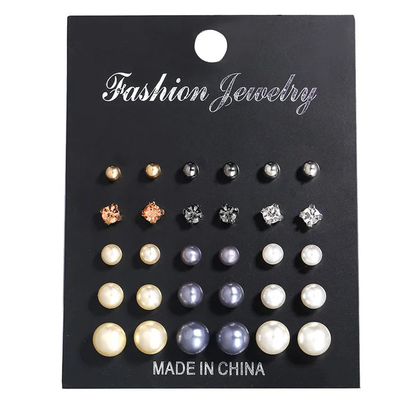 Korean Women Earrings 12 Pair/Set Beige White Pearl Simple Fashion Earrings Wedding Jewelry For Gift Valentine's Day gift