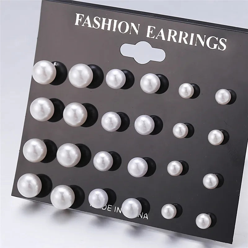 Korean Women Earrings 12 Pair/Set Beige White Pearl Simple Fashion Earrings Wedding Jewelry For Gift Valentine's Day gift