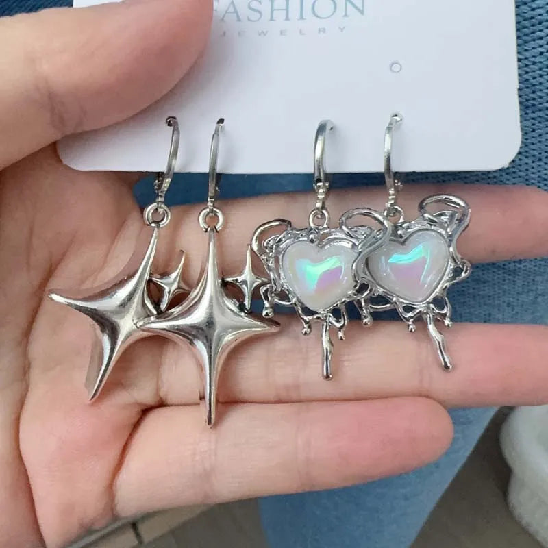2025 New Fashion Silver Color Star Cross Pendant Earrings for Women Simple White Opal Heart Shaped Earrings Y2K Jewelry Gifts