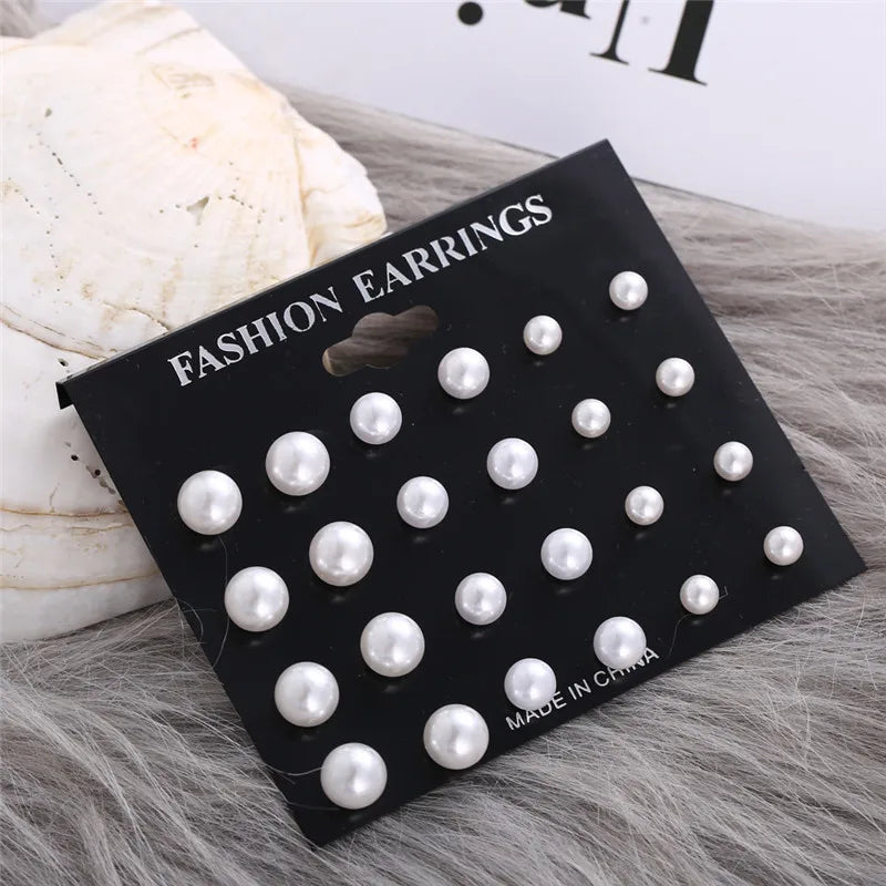Korean Women Earrings 12 Pair/Set Beige White Pearl Simple Fashion Earrings Wedding Jewelry For Gift Valentine's Day gift