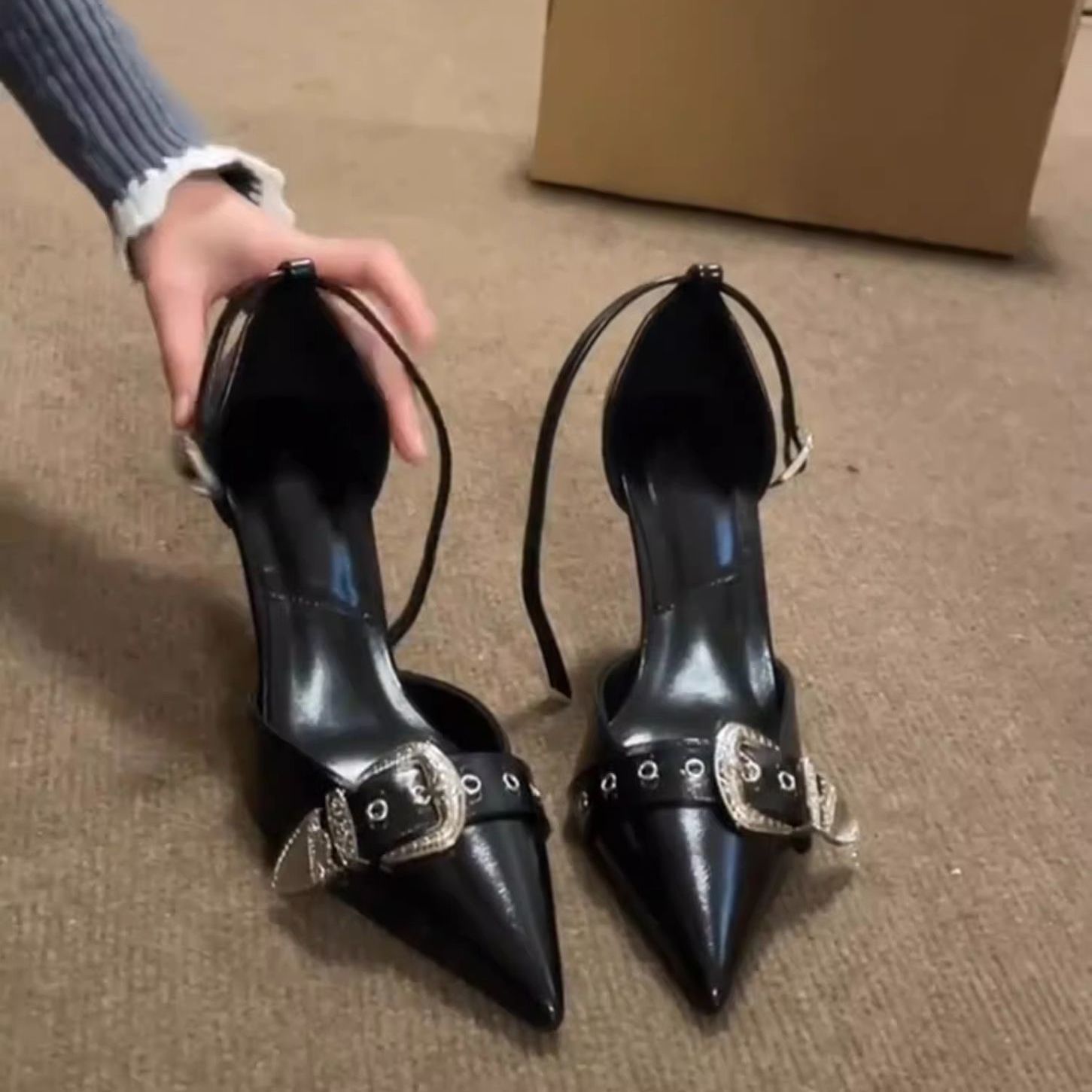 Black Pointed-Toe Stiletto Heels - Hollow-Out Design Women's Pumps